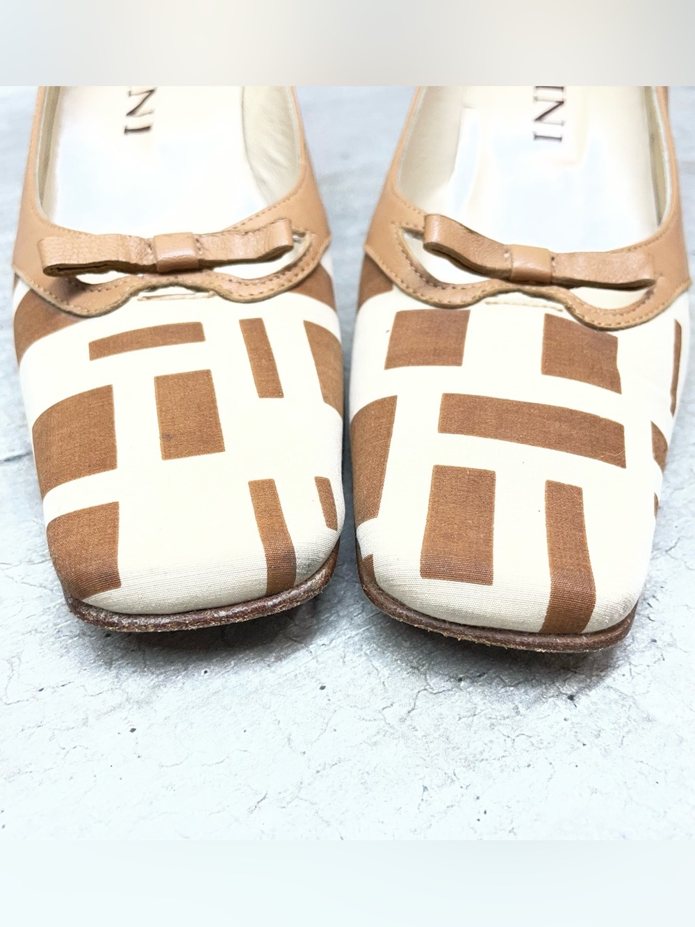 Petrini Leather Canvas Pumps Womens 36 Tan Cream Geometric Square Toe Italy Good - Picture 8 of 9
